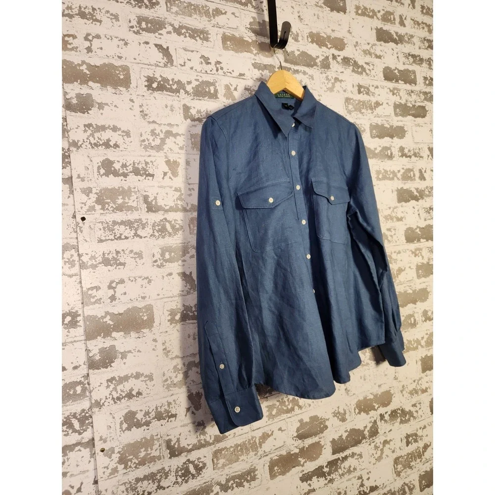 Ralph Lauren Shirt Womens Large Blue Linen Long Sleeve Button Up Beachy Coastal - Picture 3 of 15